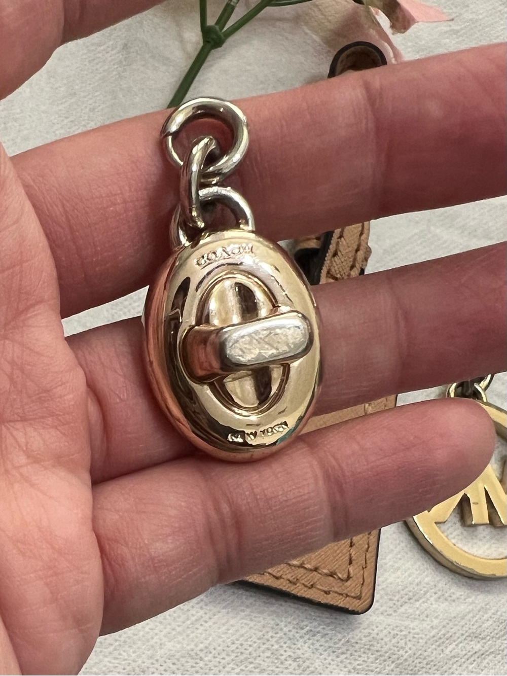 Coach, Michael Kors Gold MK Keychain and Mixed Leather Hangtag Bag charms - Picture 3 of 4